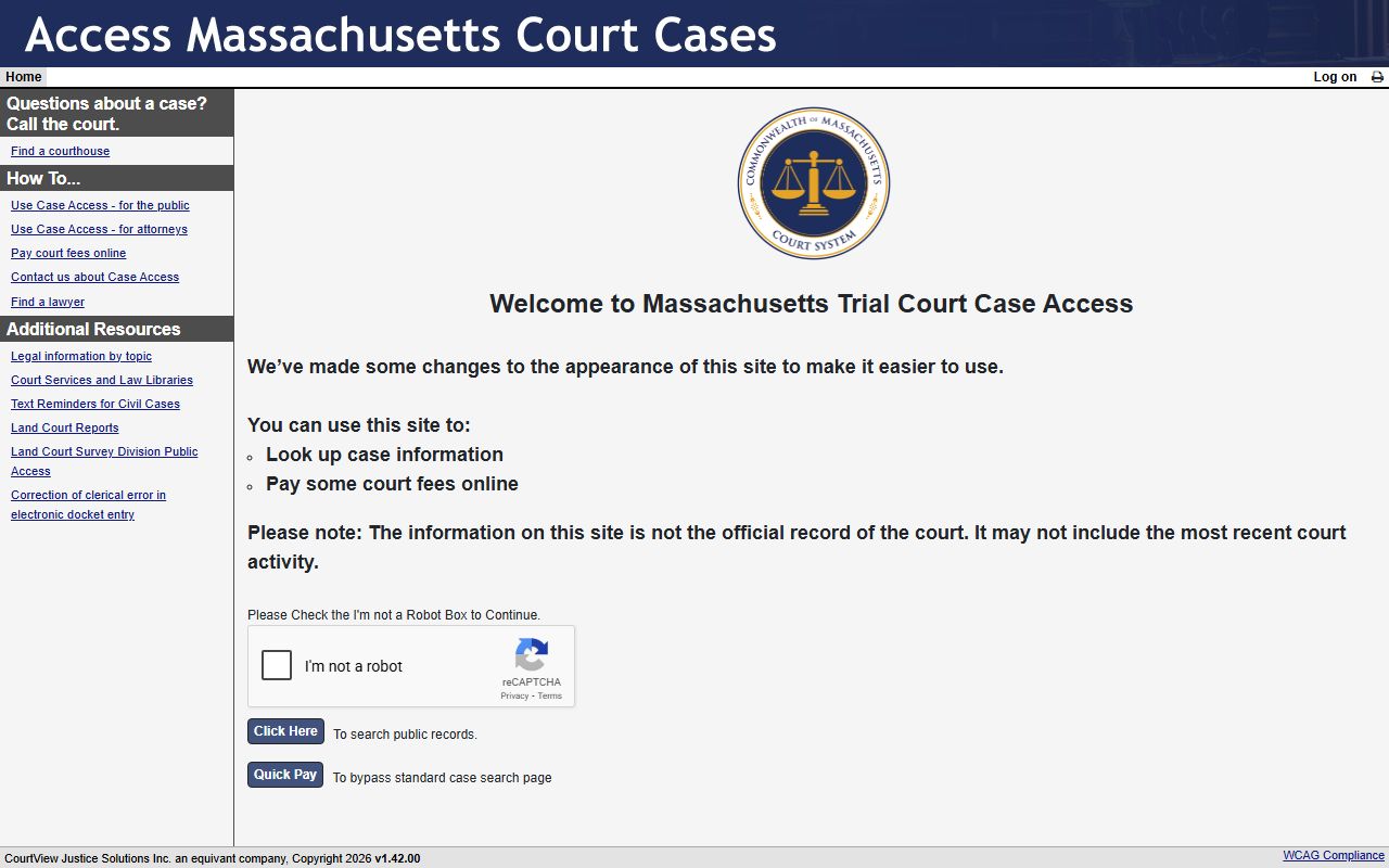 Massachusetts traffic ticket records - MassCourts case access portal