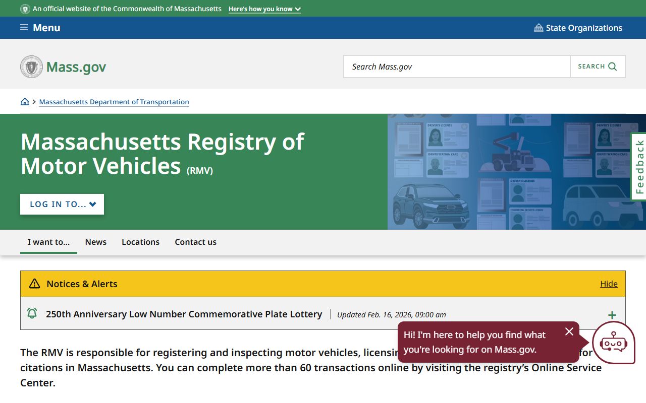Massachusetts traffic ticket records - RMV homepage